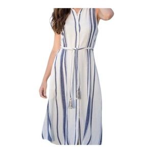 PAPARAZZI Linen Blend Dress w Pockets MEDIUM Blue Striped Belted Button Front